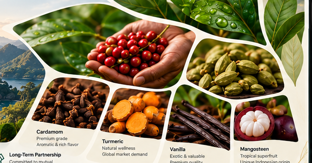 Coffee cherries held in hands with cardamom, clove, turmeric, vanilla and mangosteen.